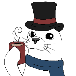 Seal with a red-banded tophat, holding a hot cup of tea in a red mug
